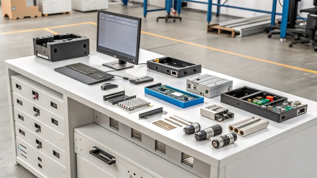Industrial components on workbench, semi-finished goods sourcing solutions