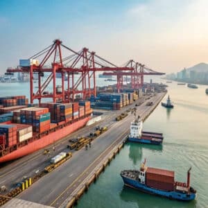 Busy Chinese port with shipping containers and cranes, symbolizing international trade.