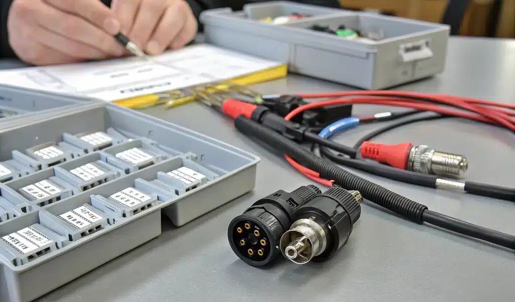 Close-up of automotive electrical connectors and wire harnesses, sourced reliably from China for businesses by Green Sourcing