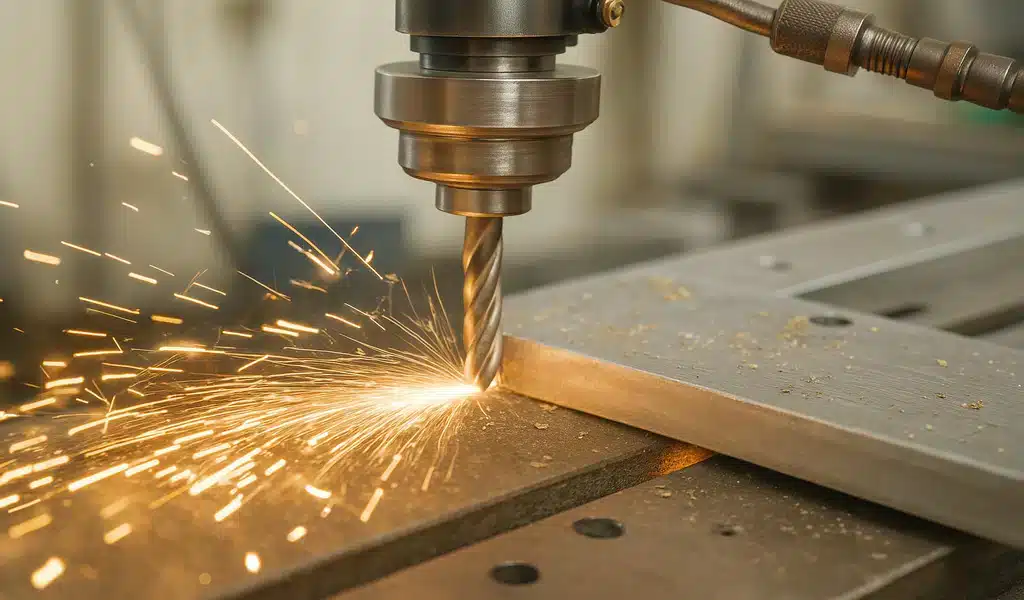Precision metal drilling during manufacturing, showcasing the custom metal fabrication and machining parts sourced by Green Sourcing in China