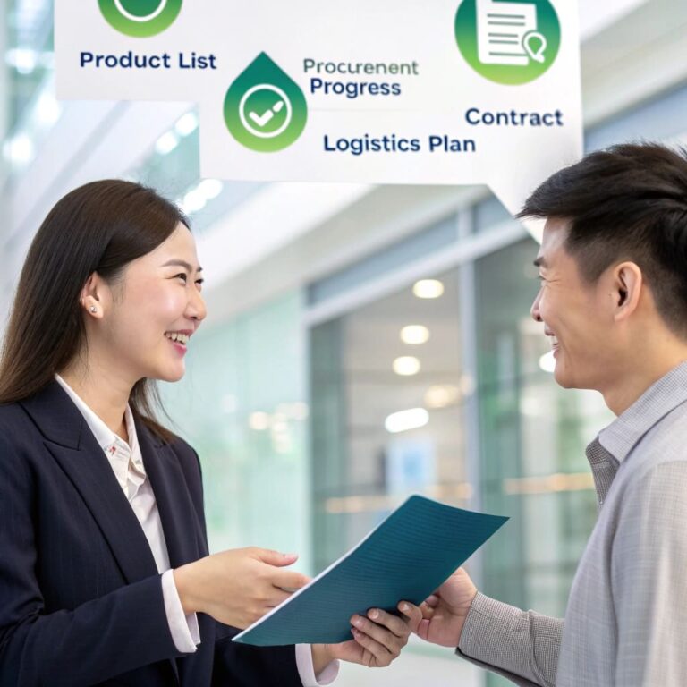 Green Sourcing agent assisting a client with China sourcing and purchasing services, detailing product lists, procurement progress, logistics plans, and contracts.