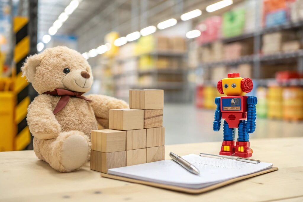 Toy samples on an inspection table with a blurred Chinese wholesale market background.