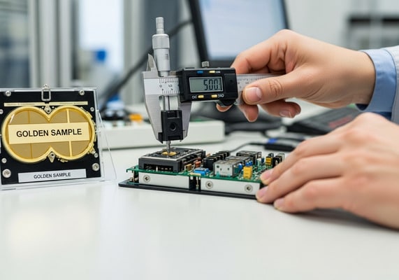An inspector examining a circuit board for electronics quality control in China