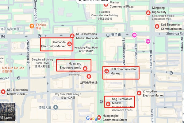 An infographic or map illustrating the dense cluster of key markets like SEG, Huaqiang, and Yuanwang in Shenzhen.