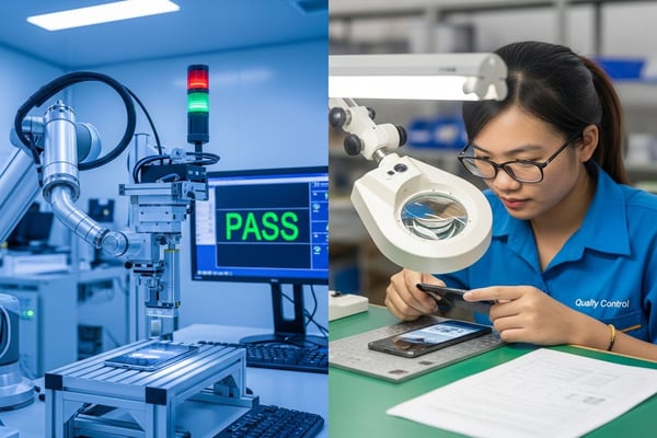 A robot arm making a circuit board in Shenzhen vs workers checking products in Vietnam