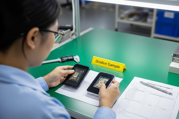 A photo of a sourcing agent inspecting products on a factory line with a clipboard.