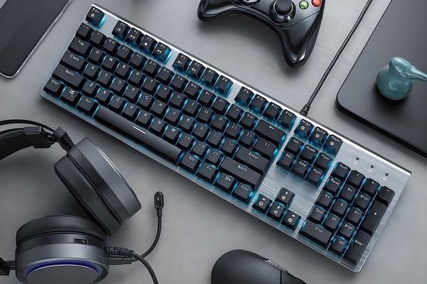 A collection of gaming keyboards, mice, and headsets with RGB lighting