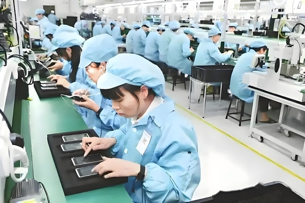 An assembly line showing workers assembling smartphones