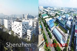 A visual comparison of electronics manufacturing hubs: high-tech Shenzhen vs. factories in Vietnam.
