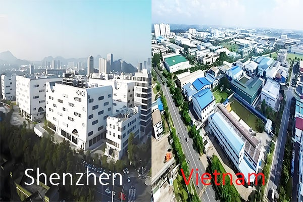 A visual comparison of electronics manufacturing hubs: high-tech Shenzhen vs. factories in Vietnam.