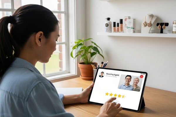 Icons representing 5-star reviews and testimonials for a trustworthy sourcing agent in China from different business types