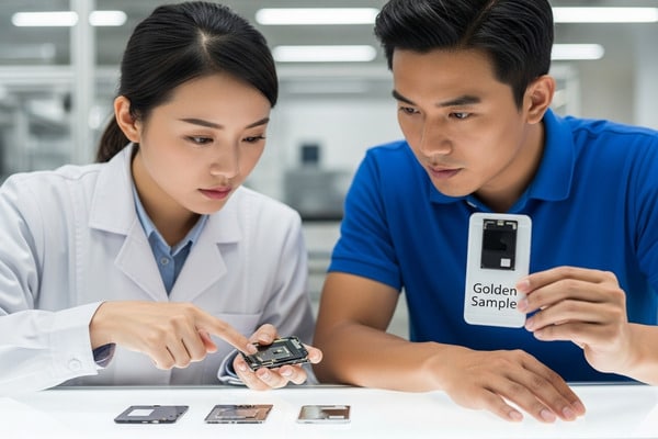 An inspector working with a factory manager to solve a problem