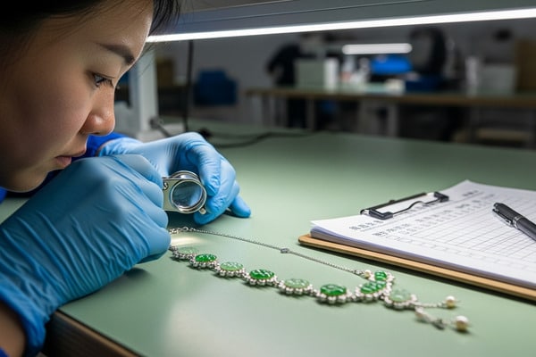 A photo of our team in a factory in China, checking the quality of jewelry